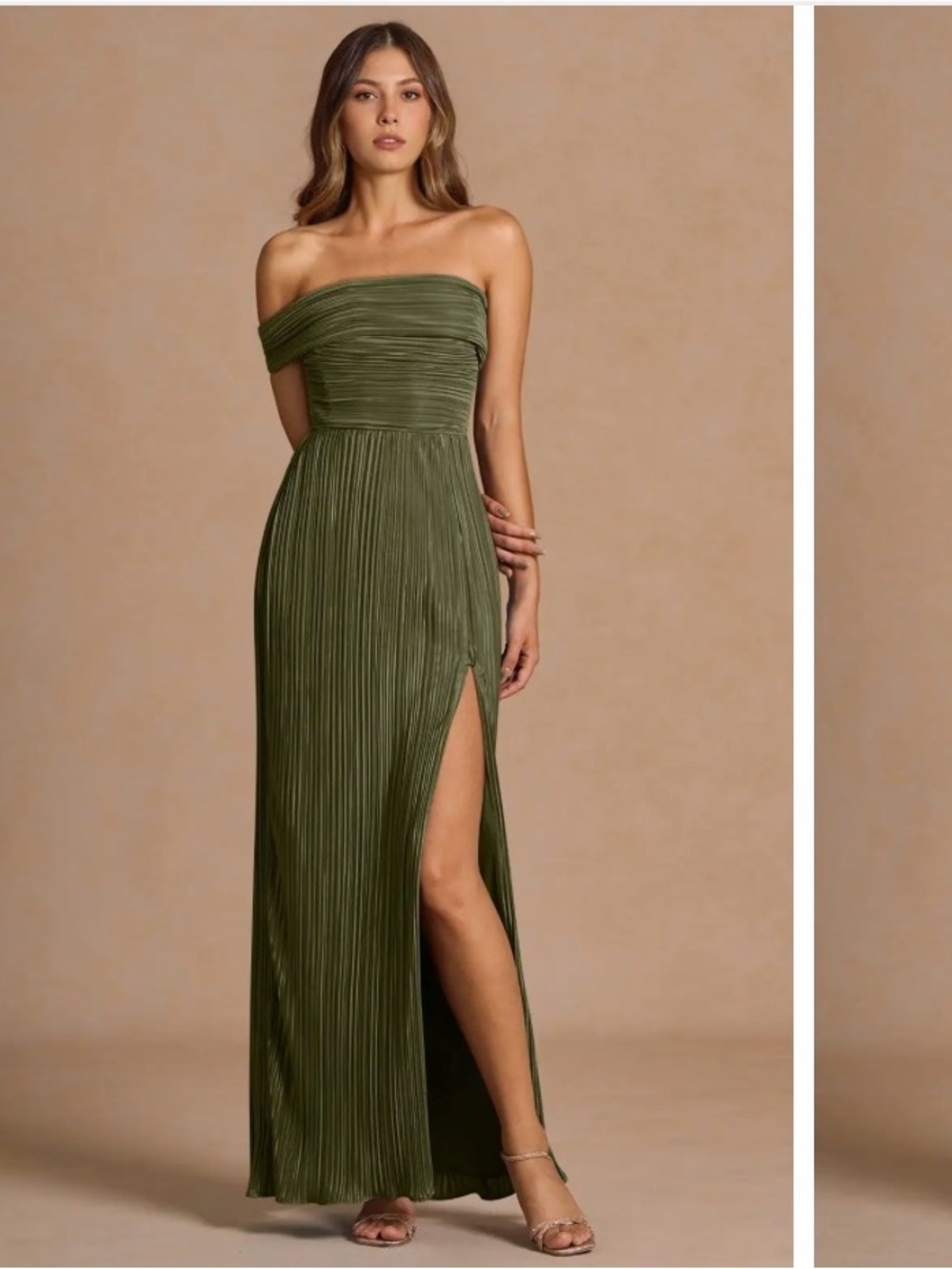 Azazie Moss Green Off-Shoulder Pleated Maxi Dress